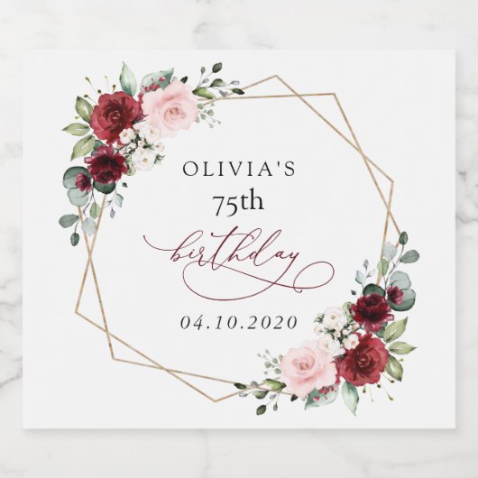 Burgundy Red Flowers, Pink Flowers, Birthday Sparkling Wijnetiket (Enkel label)