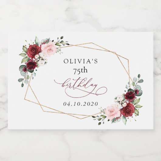 Burgundy Red Flowers, Pink Flowers, Birthday Sparkling Wijnetiket (Enkel label)