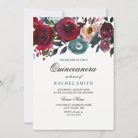 Burgundy Red Flowers Quinceanera Party Invitation Kaart (Voorkant)