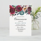Burgundy Red Flowers Quinceanera Party Invitation Kaart (Staand voorkant)