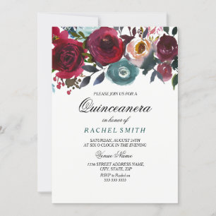 Burgundy Red Flowers Quinceanera Party Invitation Kaart