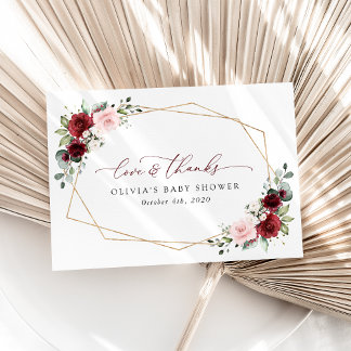 Burgundy Red Flowers, roze bloemen, Baby shower Bedankkaart
