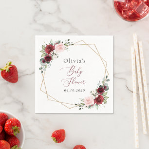 Burgundy Red Flowers, roze bloemen, Baby shower Servet