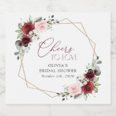 Burgundy Red Flowers, roze bloemen, Vrijgezellenfe Sparkling Wijnetiket (Enkel label)