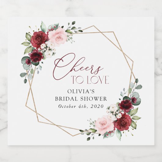 Burgundy Red Flowers, roze bloemen, Vrijgezellenfe Sparkling Wijnetiket (Enkel label)