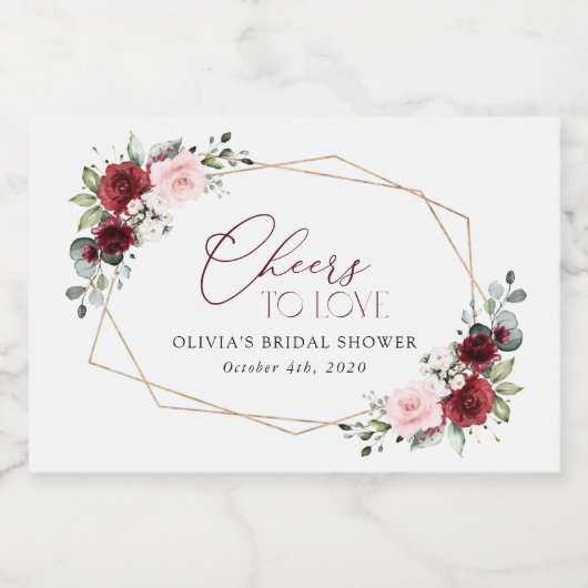 Burgundy Red Flowers, roze bloemen, Vrijgezellenfe Sparkling Wijnetiket (Enkel label)