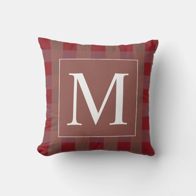 Burgundy Red Gingham Patronen White Monogramgramme Buitenkussen (Voorkant)