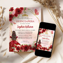 Burgundy Red Glam Gold Floral Princess Quinceañera