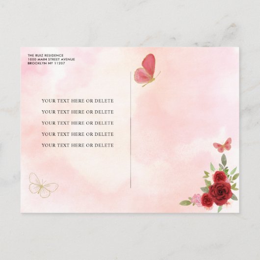 Burgundy Red Glam Gold Floral Princess Quinceañera Uitnodiging Briefkaart (Achterkant)