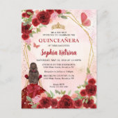 Burgundy Red Glam Gold Floral Princess Quinceañera Uitnodiging Briefkaart (Voorkant)