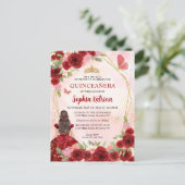 Burgundy Red Glam Gold Floral Princess Quinceañera Uitnodiging Briefkaart (Staand voorkant)
