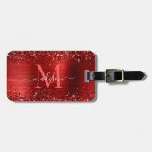 Burgundy Red Glitter Brush Monogram script Bagagelabel (Voorkant horizontaal)