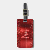 Burgundy Red Glitter Brush Monogram script Bagagelabel (Voorkant verticaal)