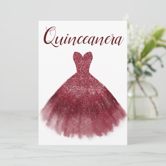 Burgundy Red Glitter Dress Quinceanera Party 15th Kaart (Staand voorkant)