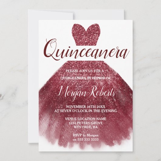 Burgundy Red Glitter Dress Quinceanera Party 15th Kaart (Achterkant)