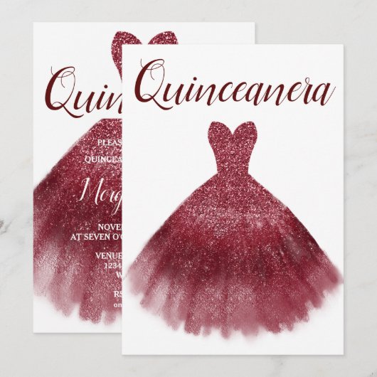 Burgundy Red Glitter Dress Quinceanera Party 15th Kaart (Voorkant / Achterkant)