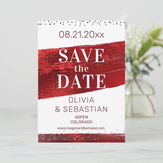 Burgundy Red Glitter Elegant Photo Modern Wedding Save The Date (Staand voorkant)