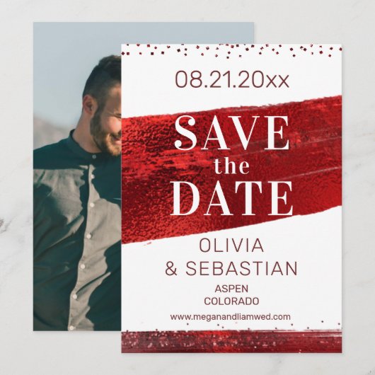 Burgundy Red Glitter Elegant Photo Modern Wedding Save The Date (Voorkant / Achterkant)
