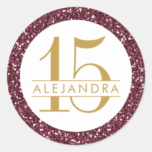 Burgundy Red Glitter Quince Años Sticker Label (Voorkant)