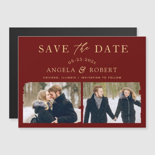 Burgundy Red Gold 2 Foto Save the Date Magnet (Voorkant / Achterkant)