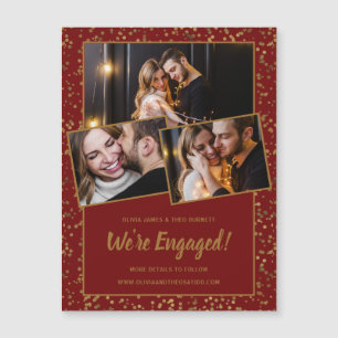 Burgundy Red Gold 3Photo Magnetic Verloving Kaart Magnetische Uitnodiging