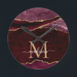 Burgundy Red Gold Agate Geode Glitter Monogram Ronde Klok<br><div class="desc">Modern Glam Burgundy Red Glitter Sparkle Agate Geode Gemstone Elegant Feminine Monogram Script Name Clocks</div>