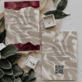 Burgundy Red Gold Agate Ivory Silk QR Code Wedding Kaart