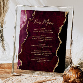 Burgundy Red Gold Agate Script Wedding Bar Menu Poster