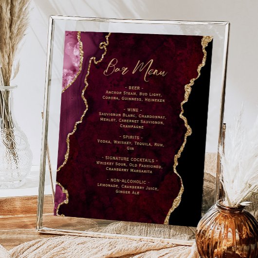 Burgundy Red Gold Agate Script Wedding Bar Menu  Poster
