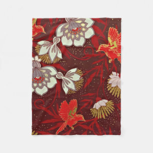 Burgundy Red Gold Bird Flowers Glitter Fleece Deken