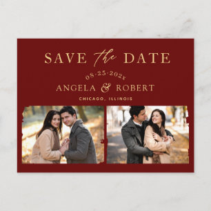 Burgundy Red Gold Classy 2 Foto Save the Date Briefkaart