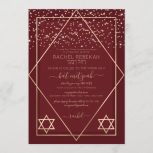 Burgundy Red Gold Confetti Border Bat Mitzvah Kaart