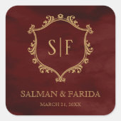 Burgundy Red Gold Crest Monogram Weddenschap Vierkante Sticker (Voorkant)