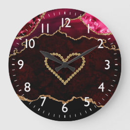 Burgundy Red & Gold Faux Glitter Agate & Heart Grote Klok