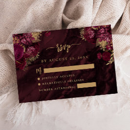 Burgundy Red Gold Floral Agate Script Wedding RSVP Informatiekaartje