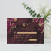 Burgundy Red Gold Floral Agate Script Wedding RSVP Informatiekaartje (Staand voorkant)