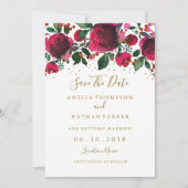 Burgundy Red Gold Floral bespaart de datum Kaart (Voorkant)