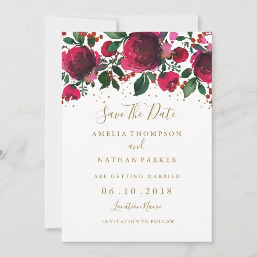 Burgundy Red Gold Floral bespaart de datum Kaart (Voorkant)