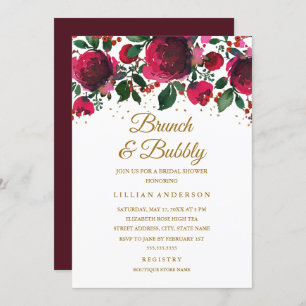 Burgundy Red Gold Floral Brunch en brabbel Kaart
