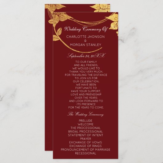 Burgundy Red Gold Floral Event Wedding Program Programmakaart (Voorkant / Achterkant)