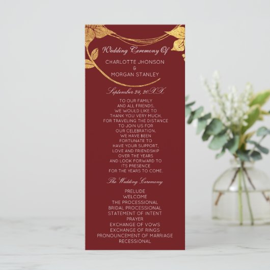 Burgundy Red Gold Floral Event Wedding Program Programmakaart (Staand voorkant)