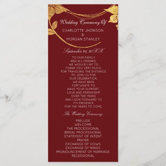 Burgundy Red Gold Floral Event Wedding Program Programmakaart (Voorkant)