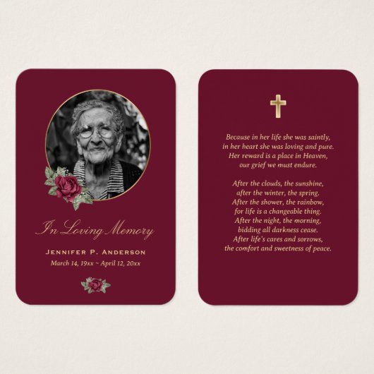 Burgundy Red Gold Floral Memorial Cards Visitekaartje (Voorkant /achterkant)