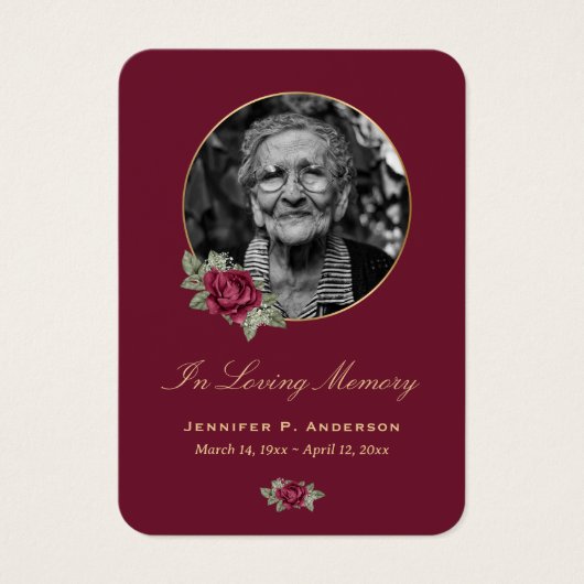 Burgundy Red Gold Floral Memorial Cards Visitekaartje (Voorkant)