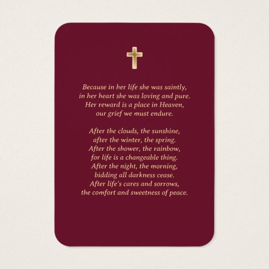 Burgundy Red Gold Floral Memorial Cards Visitekaartje (Achterkant)