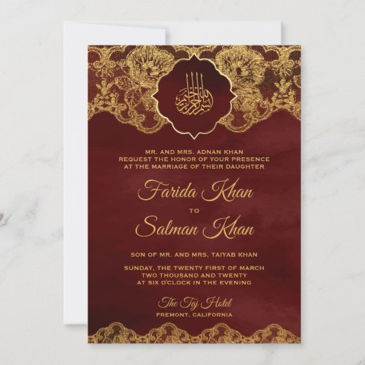 Burgundy Red Gold Foil Lace Islamic Muslim Weduwen Kaart (Voorkant)