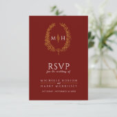 Burgundy red gold-getekende bladmonogram RSVP brui (Staand voorkant)