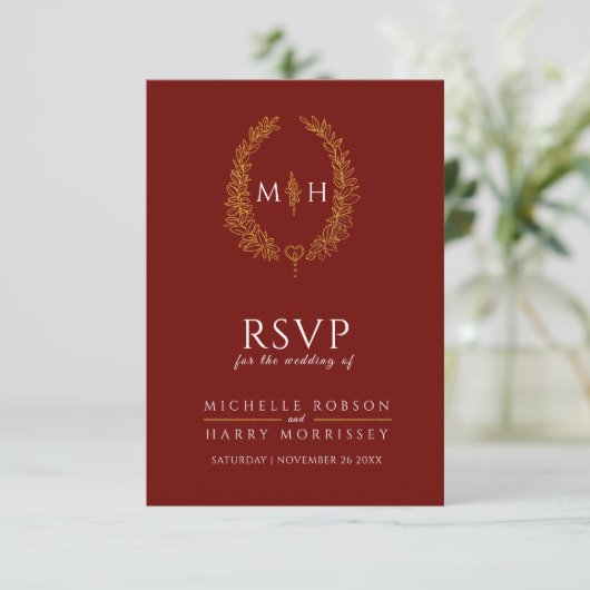 Burgundy red gold-getekende bladmonogram RSVP brui (Staand voorkant)