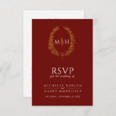 Burgundy red gold-getekende bladmonogram RSVP brui (Voorkant / Achterkant)