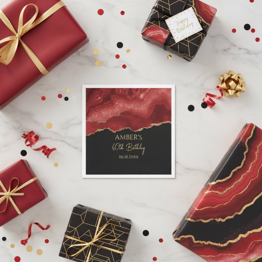 Burgundy Red Gold Glitter Abstract Watercolor Servet